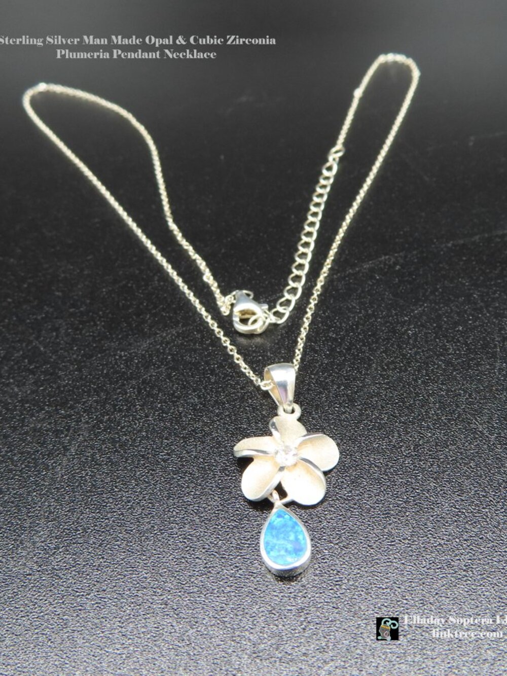 [SALE] Simulated opal , CZ & Sterling Silver Plumeria Necklace